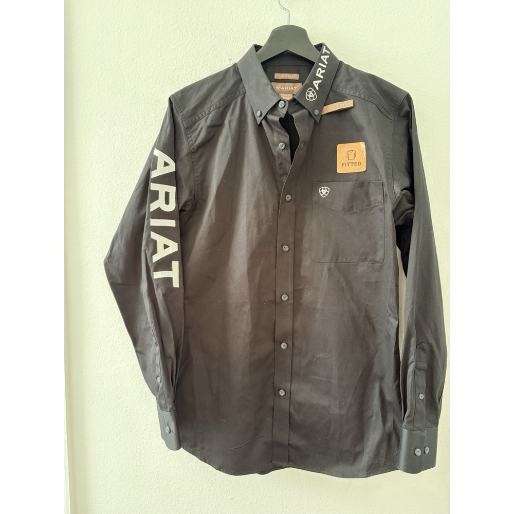 Ariat Mens Small Black Fitted Button Down Shirt Logo Collar Sleeve Western